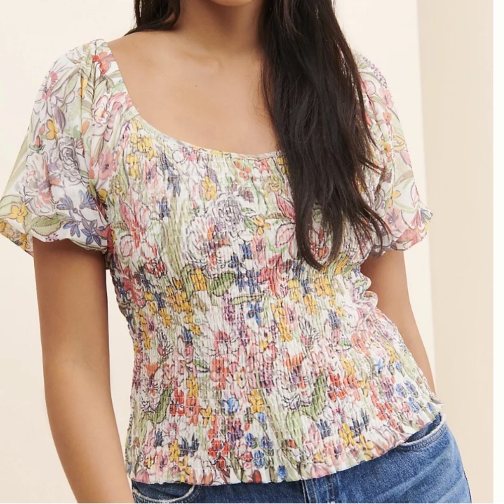 Anthropologie Women's Aurelia Short Puff Sleeve Smocked Floral Print Blouse